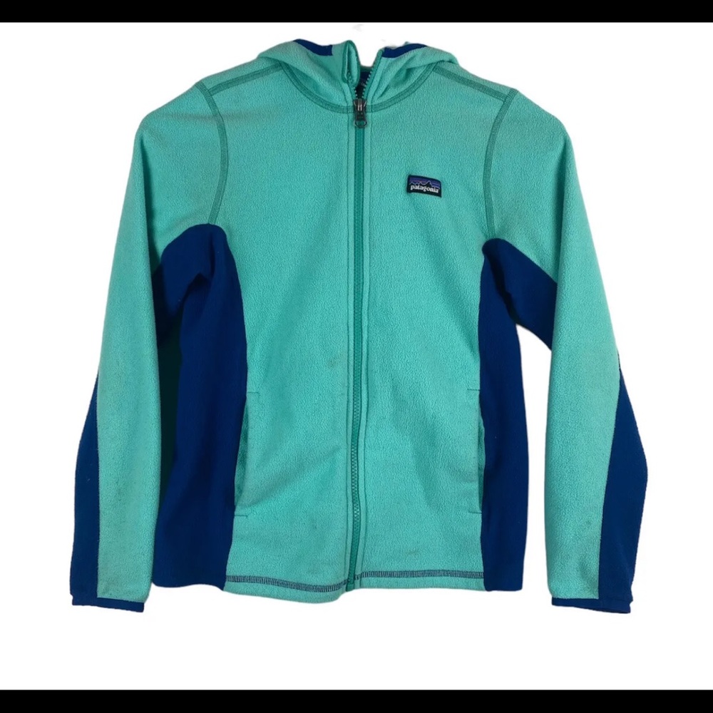 Patagonia Jacket Girls 12 Large Green Fleece Hooded Full Zip Up Youth